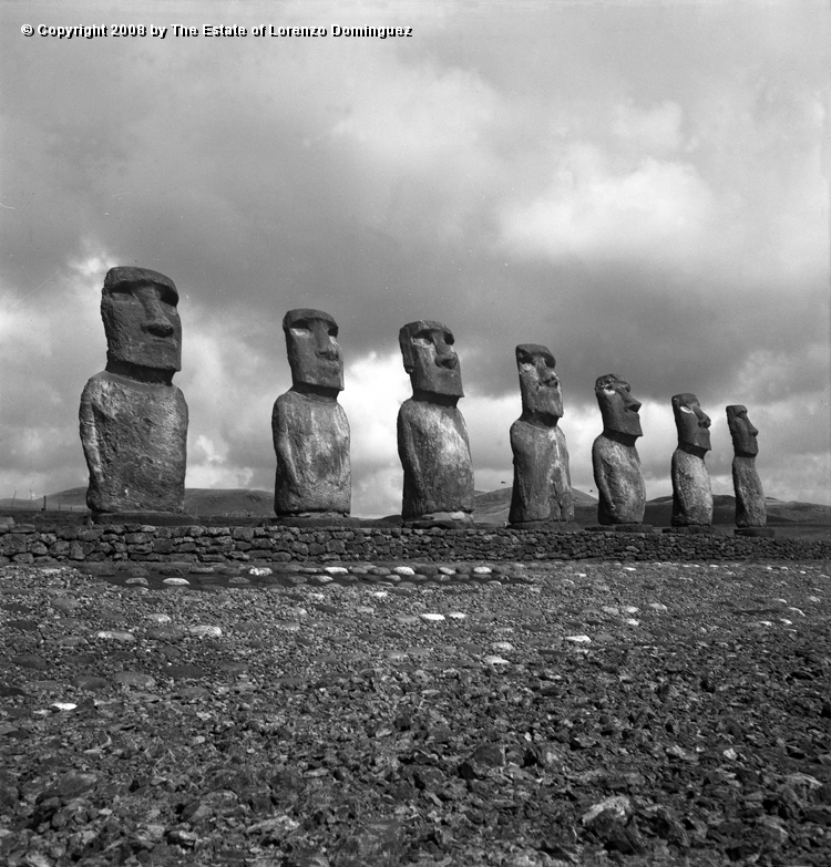 AKI_Conjunto_02.jpg - Easter Island. 1960. Ahu Akivi. General view of the ahu restored by the Chilean-American archeological expedition lead by William Mulloy in 1960.